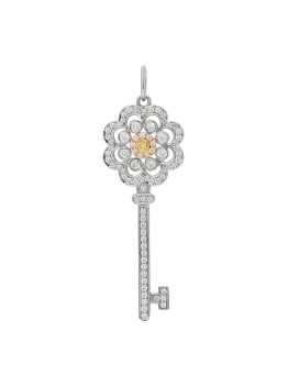 Platinum 18K Yellow Gold Diamond Fancy Yellow Diamond Rose Key Pendant