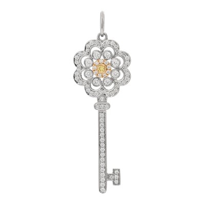 Platinum 18K Yellow Gold Diamond Fancy Yellow Diamond Rose Key Pendant