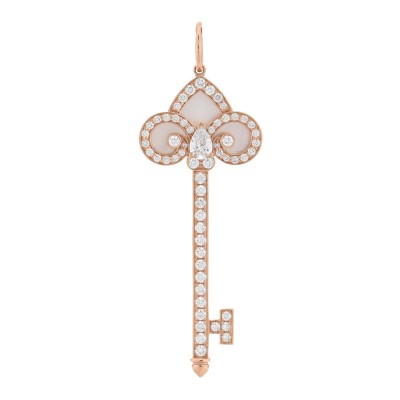 18K Rose Gold Diamond Mother of Pearl Fleur De Lis Key Pendant