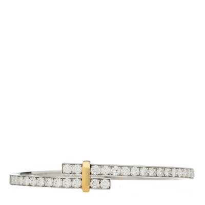 Platinum 18K Yellow Gold Diamond Edge Hinged Bypass Bangle Bracelet