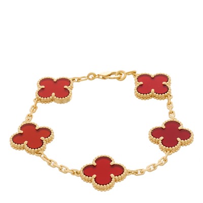 18K Yellow Gold Carnelian 5 Motifs Vintage Alhambra Bracelet