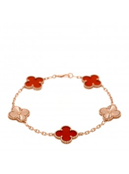 18K Rose Gold Carnelian 5 Motifs Guilloche Vintage Alhambra Bracelet