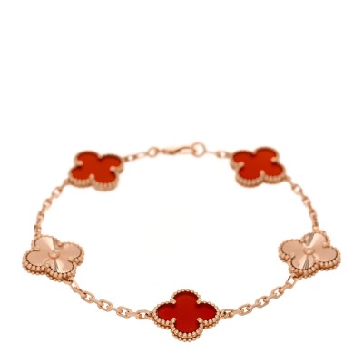 18K Rose Gold Carnelian 5 Motifs Guilloche Vintage Alhambra Bracelet