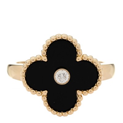 18K Yellow Gold Black Onyx Diamond Vintage Alhambra Ring 52 6