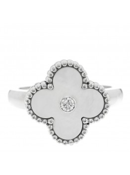 18K White Gold Diamond Mother of Pearl Vintage Alhambra Ring 53 6.5