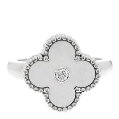 18K White Gold Diamond Mother of Pearl Vintage Alhambra Ring 53 6.5