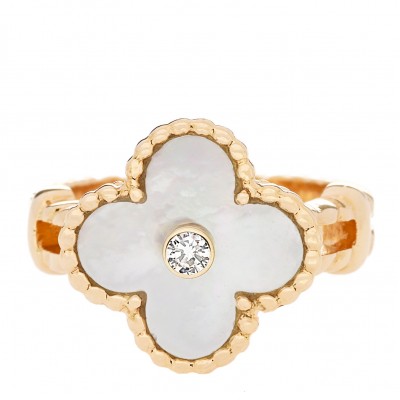 18K Yellow Gold Diamond Mother of Pearl Vintage Alhambra Ring 52 6