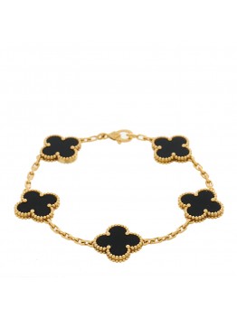 18K Yellow Gold Black Onyx 5 Motifs Vintage Alhambra Bracelet
