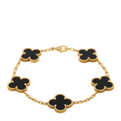 18K Yellow Gold Black Onyx 5 Motifs Vintage Alhambra Bracelet
