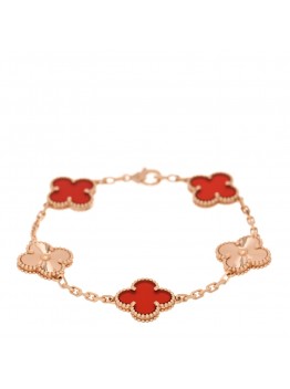18K Rose Gold Carnelian 5 Motifs Guilloche Vintage Alhambra Bracelet