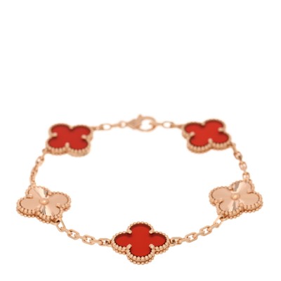 18K Rose Gold Carnelian 5 Motifs Guilloche Vintage Alhambra Bracelet