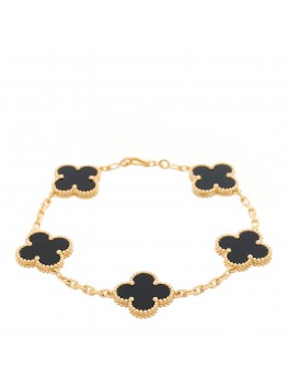 18K Yellow Gold Black Onyx 5 Motifs Vintage Alhambra Bracelet
