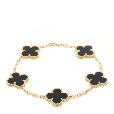 18K Yellow Gold Black Onyx 5 Motifs Vintage Alhambra Bracelet