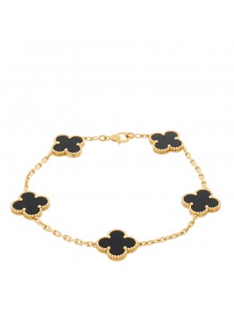 18K Yellow Gold Black Onyx 5 Motifs Vintage Alhambra Bracelet