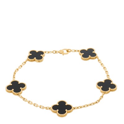 18K Yellow Gold Black Onyx 5 Motifs Vintage Alhambra Bracelet
