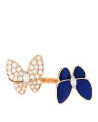 18K Yellow Gold Diamond Lapis Lazuli Two Butterfly Between The Finger Ring 55 7.25