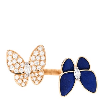 18K Yellow Gold Diamond Lapis Lazuli Two Butterfly Between The Finger Ring 55 7.25