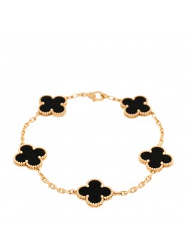 18K Yellow Gold Black Onyx 5 Motifs Vintage Alhambra Bracelet