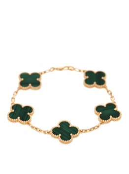 18K Yellow Gold Malachite 5 Motifs Vintage Alhambra Bracelet