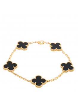 18K Yellow Gold Black Onyx 5 Motifs Vintage Alhambra Bracelet