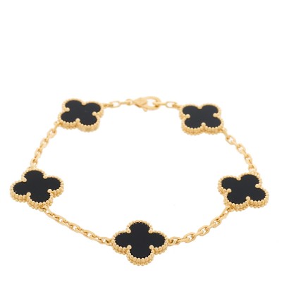 18K Yellow Gold Black Onyx 5 Motifs Vintage Alhambra Bracelet