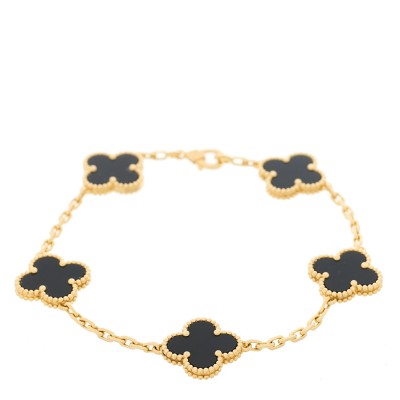 18K Yellow Gold Black Onyx 5 Motifs Vintage Alhambra Bracelet