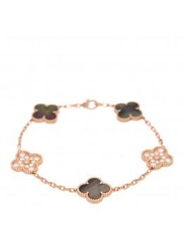 18K Rose Gold Diamond Gray Mother of Pearl 5 Motifs Vintage Alhambra Bracelet