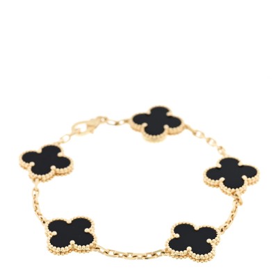 18K Yellow Gold Black Onyx 5 Motifs Vintage Alhambra Bracelet