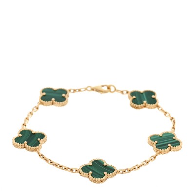 18K Yellow Gold Malachite 5 Motifs Vintage Alhambra Bracelet