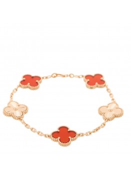 18K Rose Gold Carnelian 5 Motifs Guilloche Vintage Alhambra Bracelet