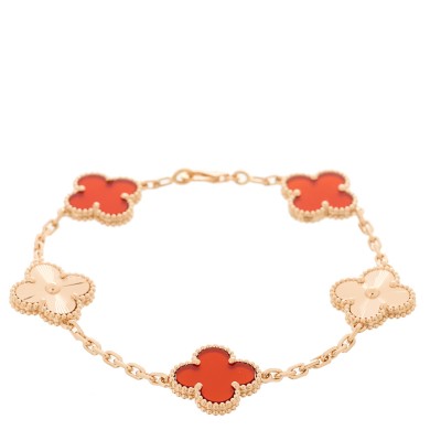 18K Rose Gold Carnelian 5 Motifs Guilloche Vintage Alhambra Bracelet