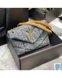 Y Puffer Small Bag in Quilted Vintage Denim and Suede