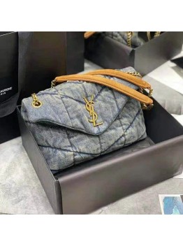 Y Puffer Small Bag in Quilted Vintage Denim and Suede