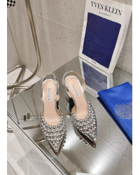 Aquazzura Pineapple 2025 SS New Pointed Toe Silver Pearl Silver Leather Block Heel Mule Pumps