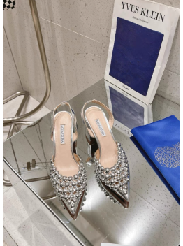 Aquazzura Pineapple 2025 SS New Pointed Toe Silver Pearl Silver Leather Block Heel Mule Pumps