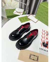 GUCCI's new thick-soled loafers with red and green webbing laces”。